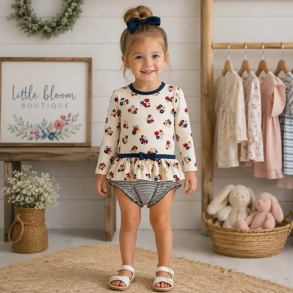 ruffle butts Off White Navy Floral Long Sleeve Swimsuit 3